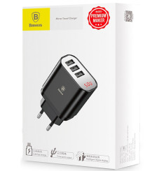 Carregador USB 3 Portas 3.4A com display Mirror Lake 3 Preto - Baseus